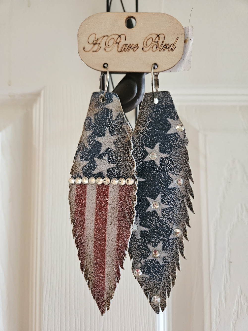 A Rare Bird Americana Leather Feather Earrings - 4th Of July Red White Blue Flag